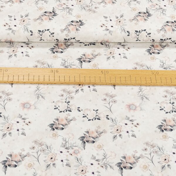 Bavlněné plátno TREND BREZ TEVA A/H241, lososové růže s šedými lístky, š.150cm (látka v metráži)