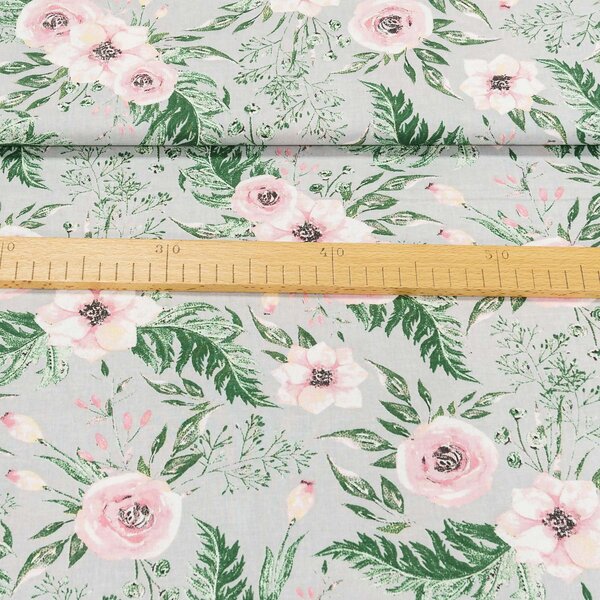Bavlněné plátno POLO růžové květy s listy na šedé, š.160cm (látka v metráži)