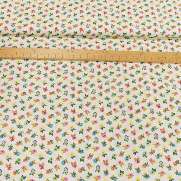 Bavlněné plátno EMA vícebarevné kytičky na smetanové, š.140cm (látka v metráži)