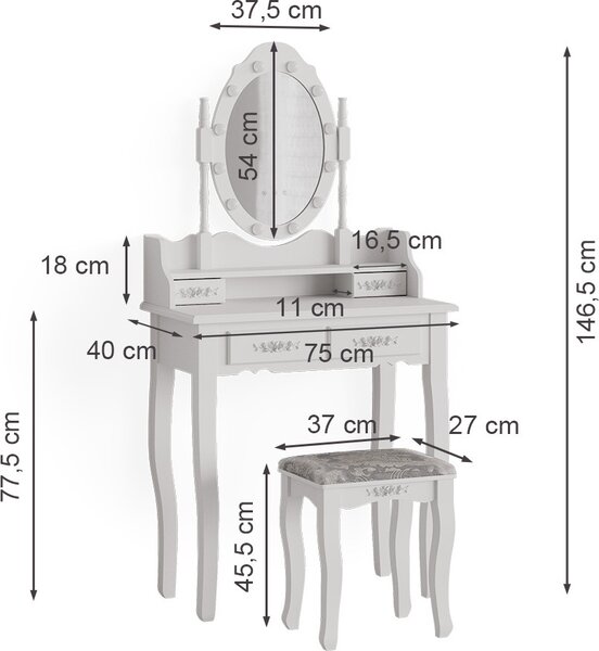 Toaletní stolek Vicco Maggie Bílá 75 cm se zrcadlem LED a stoličkou, Model 39599