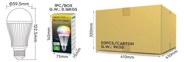 Miboxer LED stmívatelná žárovka E27, jas+CCT, 9W, 2.4GHz, FUT019