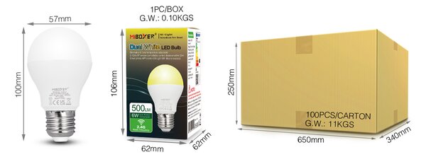 Miboxer LED stmívatelná žárovka E27, jas+CCT, 6W, 2.4GHz, FUT017