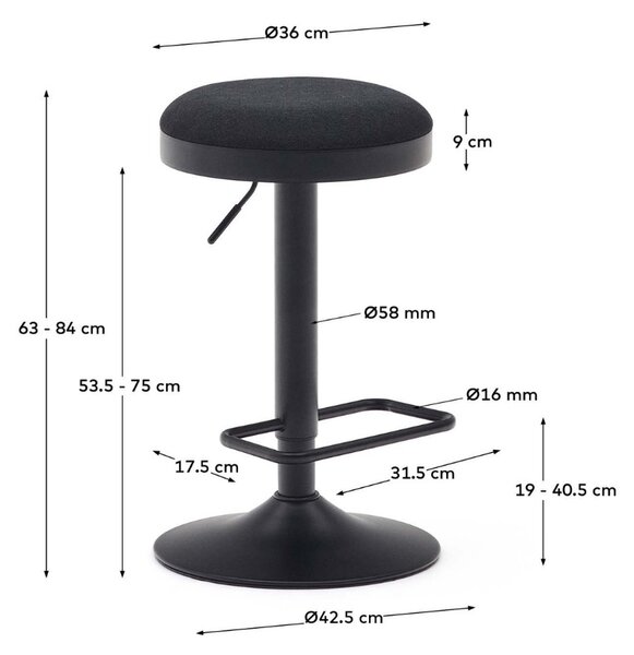 Černá čalouněná barová židle Kave Home Zaib 63-84 cm