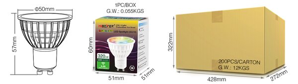 Miboxer LED stmívatelná žárovka GU10, RGB+CCT, 4W, 2.4GHz, FUT103