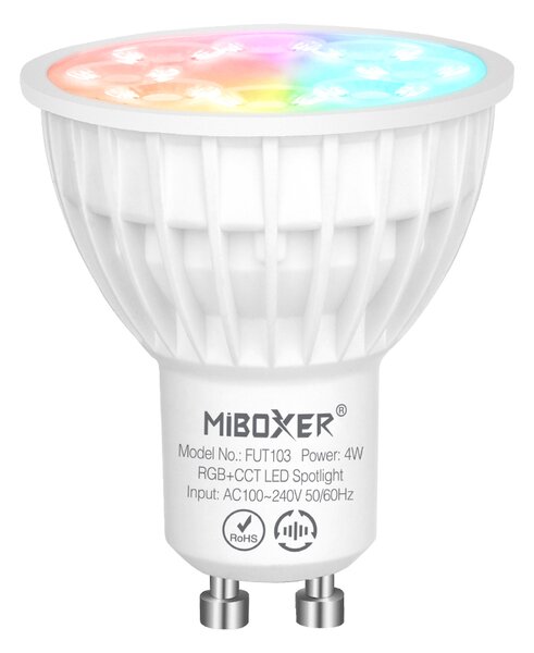 Miboxer LED stmívatelná žárovka GU10, RGB+CCT, 4W, 2.4GHz, FUT103