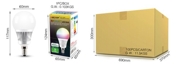Miboxer LED stmívatelná žárovka E14, RGB+CCT, 5W, 2.4GHz, FUT013