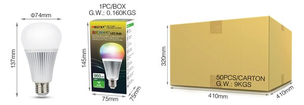 Miboxer LED stmívatelná žárovka E27, RGB+CCT, 9W, 2.4GHz, FUT012