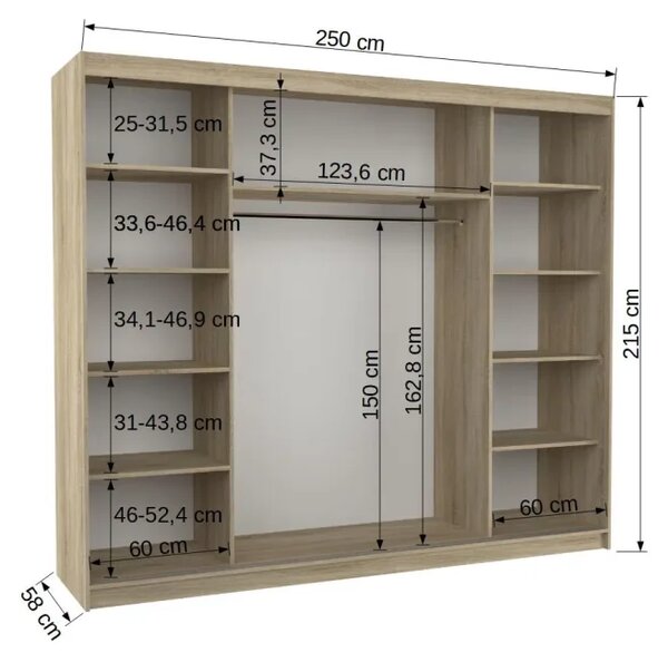 Skříň s posuvnými dveřmi a zrcadlem CHESTER 250 bílá – sonoma (250 x 215) cm – 11 polic pro přehledné uložení