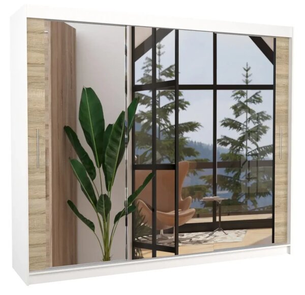 Skříň s posuvnými dveřmi a zrcadlem CHESTER 250 bílá – sonoma (250 x 215) cm – 11 polic pro přehledné uložení