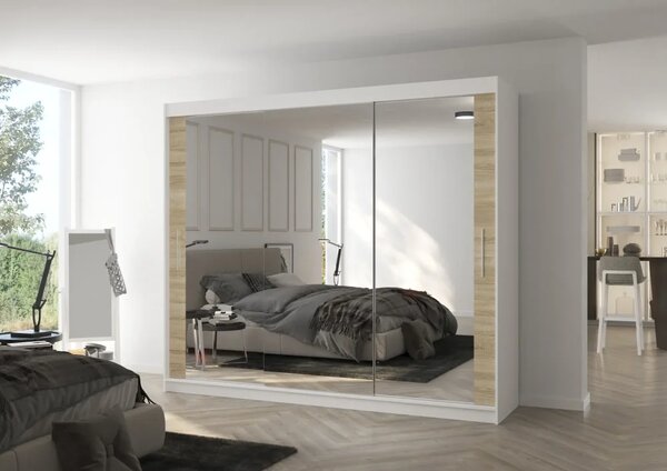 Skříň s posuvnými dveřmi a zrcadlem CHESTER 250 bílá – sonoma (250 x 215) cm – 11 polic pro přehledné uložení