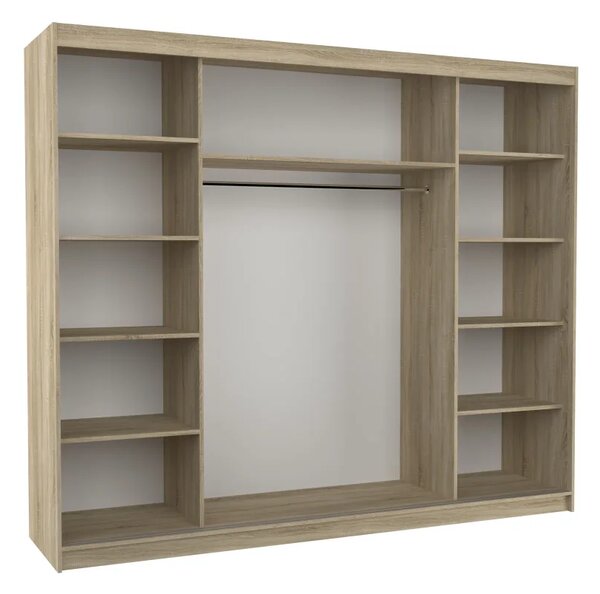 Skříň s posuvnými dveřmi a zrcadlem CHESTER 250 bílá – sonoma (250 x 215) cm – 11 polic pro přehledné uložení