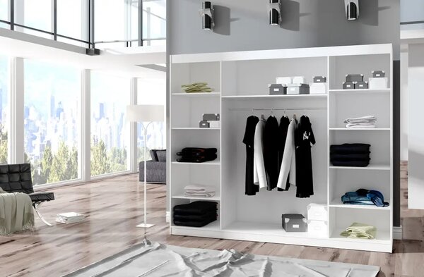 Skříň s posuvnými dveřmi a zrcadlem CHESTER 250 bílá – sonoma (250 x 215) cm – 11 polic pro přehledné uložení