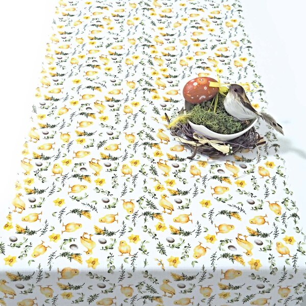 Ubrusovina / štola teflonová úprava, velikonoční KUŘÁTKA, bílá, š.38cm (metráž)