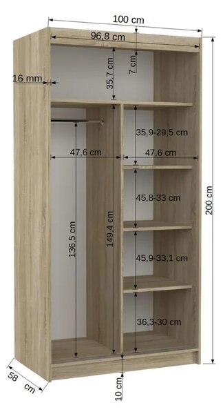 Posuvná skříň ASTEN 100 choco (100 x 200) cm – 5 polic pro přehledné uložení