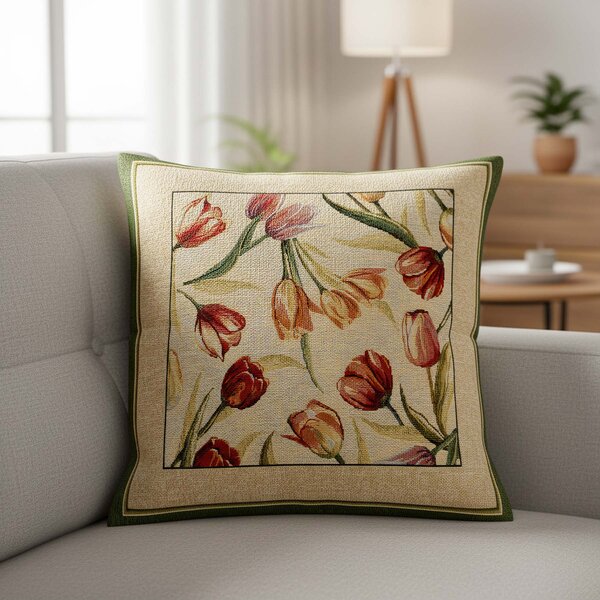 Dekoratex Dekorační povlak na polštářek RETRO TULIPÁNY, zelený rámeček 45x45cm
