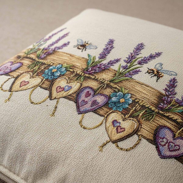 Dekoratex Dekorační povlak na polštářek RETRO LEVANDULE SE SRDÍČKY, fialová 45x45cm