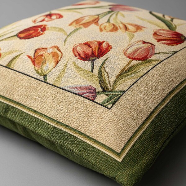 Dekoratex Dekorační povlak na polštářek RETRO TULIPÁNY, zelený rámeček 45x45cm