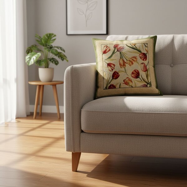 Dekoratex Dekorační povlak na polštářek RETRO TULIPÁNY, zelený rámeček 45x45cm