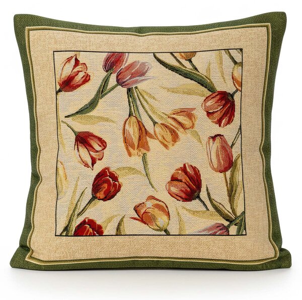 Dekoratex Dekorační povlak na polštářek RETRO TULIPÁNY, zelený rámeček 45x45cm