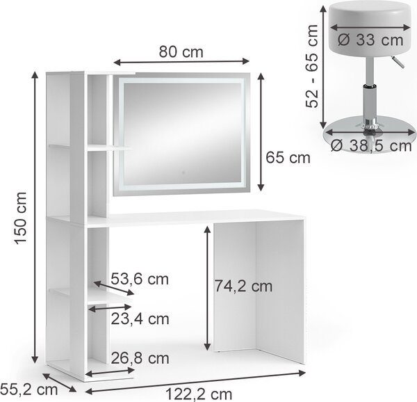 Toaletní stolek Vicco Tower Bílá 122.2 cm se zrcadlem LED a stoličkou, Model 49444