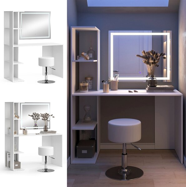 Toaletní stolek Vicco Tower Bílá 122.2 cm se zrcadlem LED a stoličkou, Model 49444
