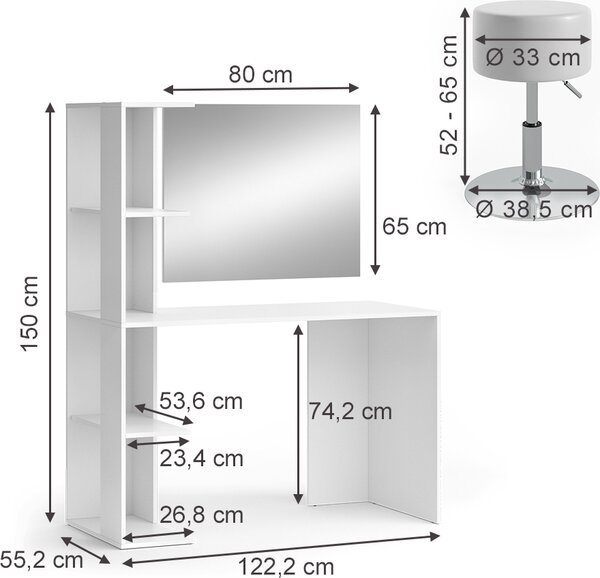 Toaletní stolek Vicco Tower Bílá 122.2 cm se zrcadlem a stoličkou, Model 49441