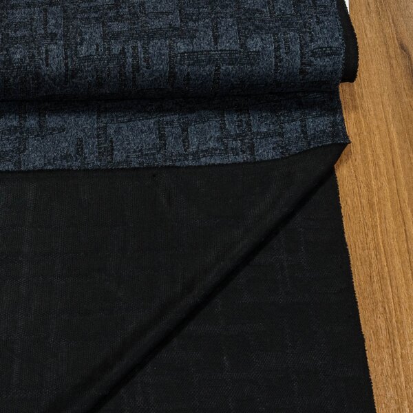 Směsový úplet N14089, černo-modrý geometrický vzor, š.150cm (látka v metráži)