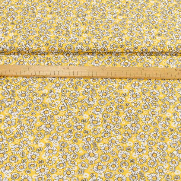 Bavlněné plátno 4924/001, kopretinky na žlutooranžové š.160cm (látka v metráži)