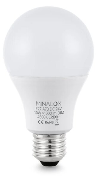 LED stmívatelná žárovka Minalox A70 E27, 10W, 24V, 4500K