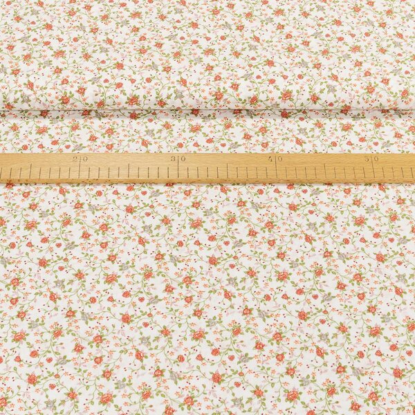 Bavlněné plátno A-311, zahradní elegance na bílé, oranžové popínavé růžičky š.150cm (látka v metráži)
