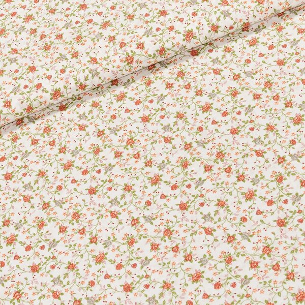 Bavlněné plátno A-311, zahradní elegance na bílé, oranžové popínavé růžičky š.150cm (látka v metráži)
