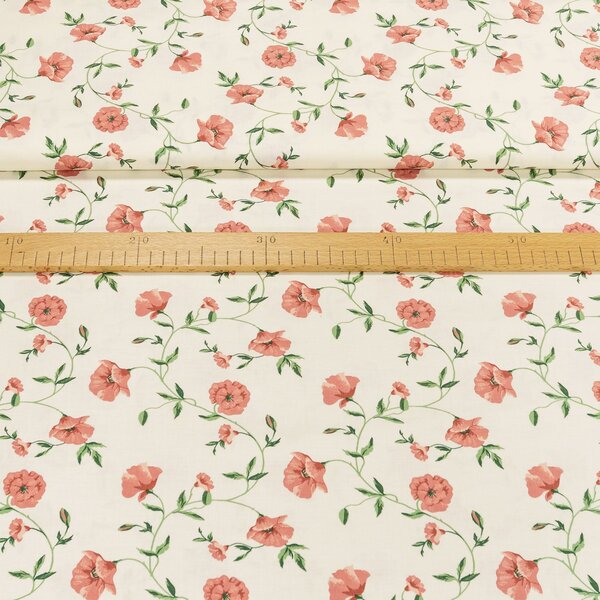 Bavlněné plátno 1478115-18, červené popínavé růže na krémové š.150cm (látka v metráži)