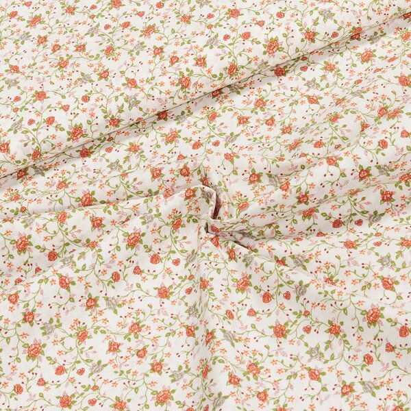 Bavlněné plátno A-311, zahradní elegance na bílé, oranžové popínavé růžičky š.150cm (látka v metráži)