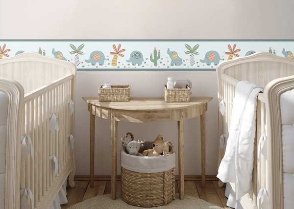 Dětská samolepící bordura na zeď Modří Sloni | 5 m x 13.8 cm | DWBD8505