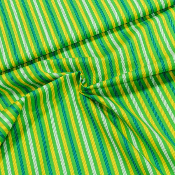 Bavlněné plátno žlutý, modrý a bílý proužek na zelené, š.140cm (látka v metráži)