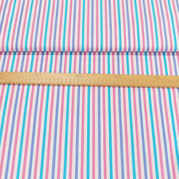 Bavlněné plátno růžový, modrý a fialový proužek, š.140cm (látka v metráži)