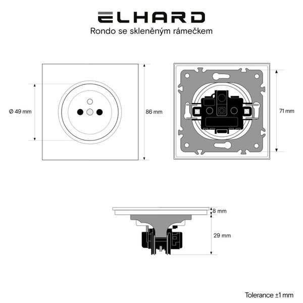 Elhard Zásuvka Rondo Glass se skleněným rámečkem, stříbrná - kompletní RG6100S