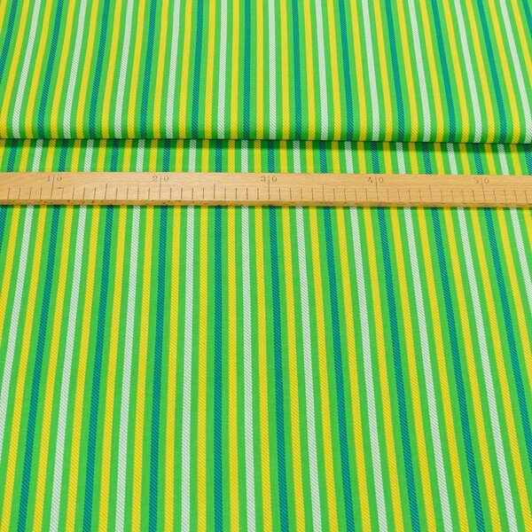 Bavlněné plátno žlutý, modrý a bílý proužek na zelené, š.140cm (látka v metráži)