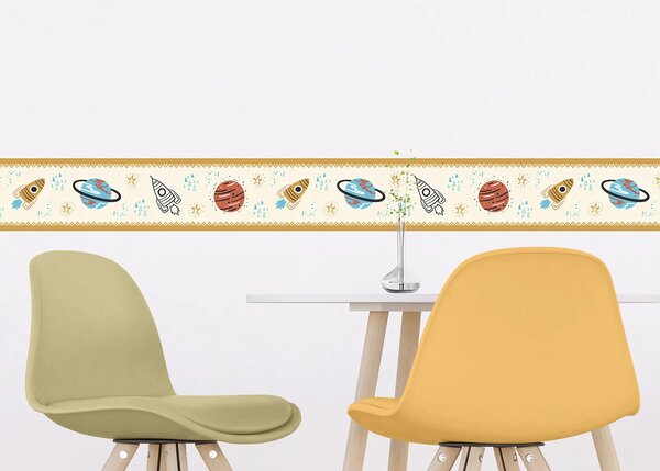 Dětská samolepící bordura na zeď Světle Žlutý Vesmír | 5 m x 13.8 cm | DWBD8057