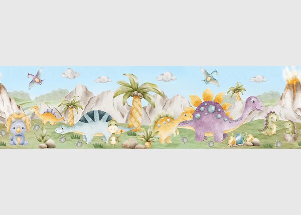 Dětská samolepící bordura na zeď Akvareloví Dinosauři | 5 m x 13.8 cm | DWBD8511