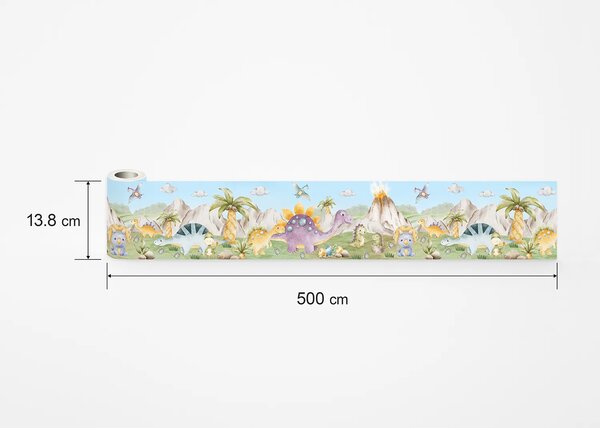 Dětská samolepící bordura na zeď Akvareloví Dinosauři | 5 m x 13.8 cm | DWBD8511
