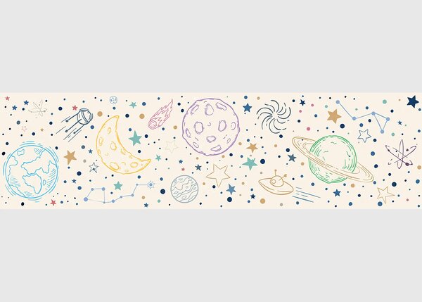 Dětská samolepící bordura na zeď Béžový Kreslený Vesmír | 5 m x 13.8 cm | DWBD8533