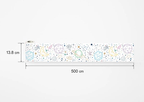 Dětská samolepící bordura na zeď Bílý Kreslený Vesmír | 5 m x 13.8 cm | DWBD8531