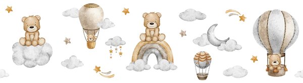 Dětská samolepící bordura na zeď Roztomilý Medvídek na Obloze na Bílé | 5 m x 13.8 cm | DWBD8539