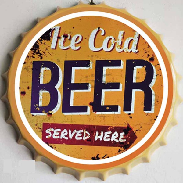 Ceduľa vrchnák Ice Cold Beer - Served here 35x35cm