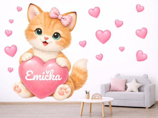 Rezavé koťátko se srdíčkem a jménem textilní přelepitelné samolepky na zeď arch 36 x 46 cm