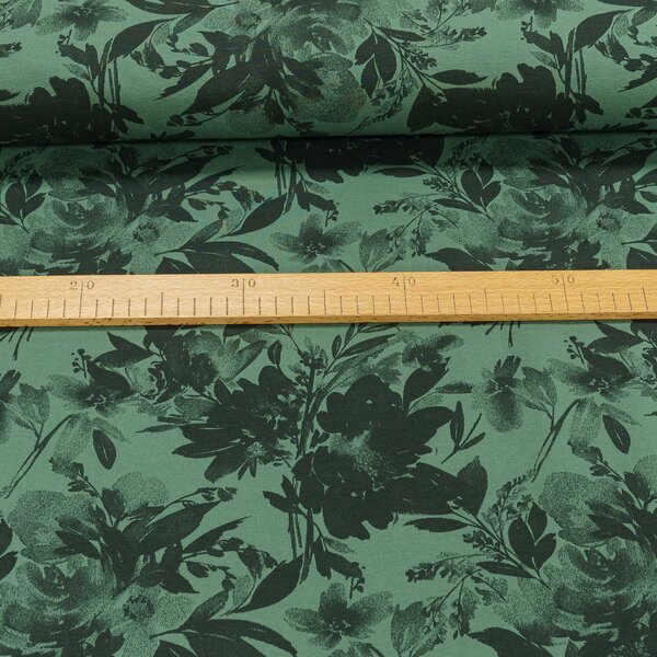Bavlněný úplet TEPLÁKOVINA 6900/08b, květy na khaki, š.180cm (látka v metráži)