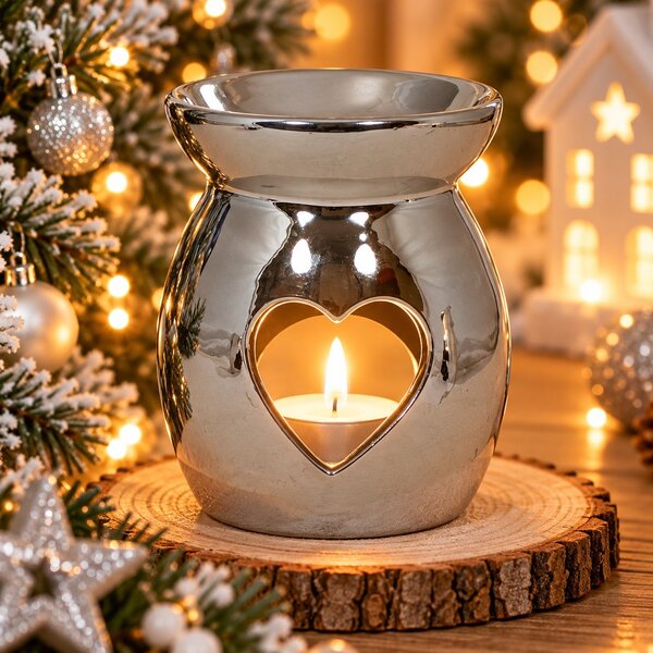 Vánoční aroma lampa stříbrná se srdcem 13,5cm 9000339