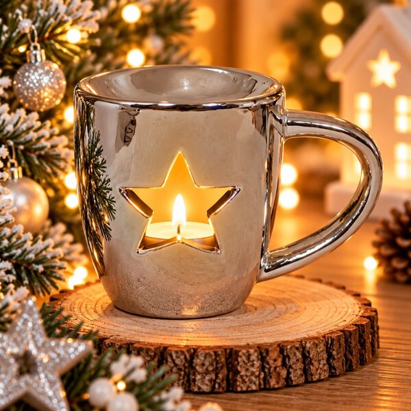 Vánoční aroma lampa stříbrný hrnek s hvězdou 12cm 9000307