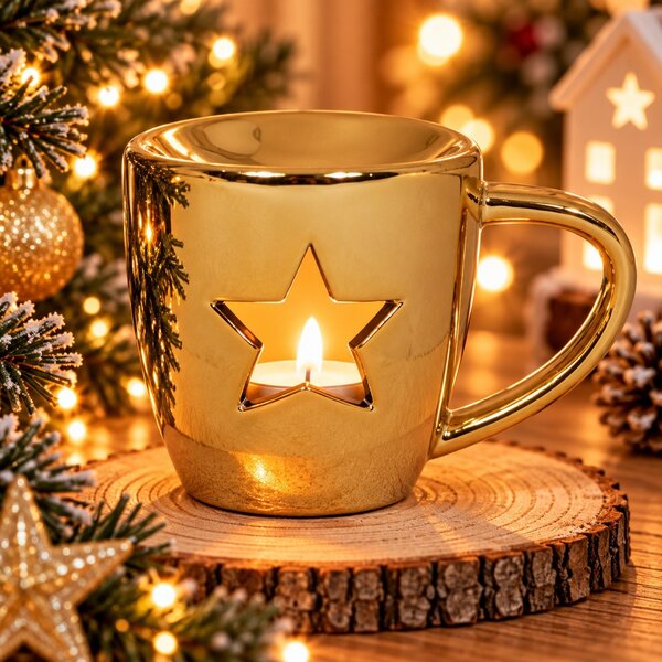 Vánoční aroma lampa zlatý hrnek s hvězdou 12cm 9000305